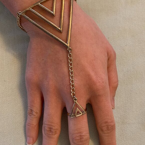 Vintage Boho geometric ring and bracelet connected jewelry set Gold tone OS - Picture 1 of 4